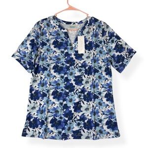 National Top Womens Small S Blue Floral Short Sleeve Shirt V-Notch‎ Neckline NWT